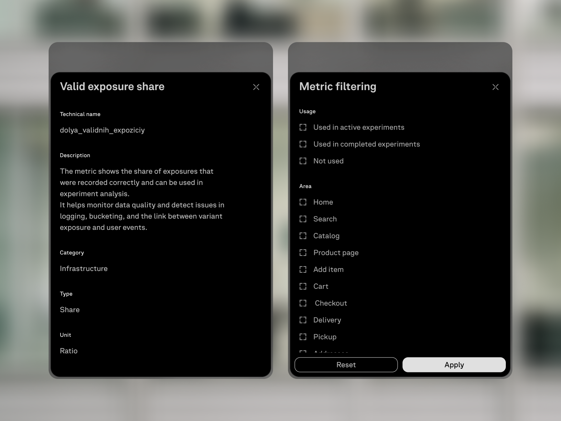 Metric picker with groups, selection, and metric details.