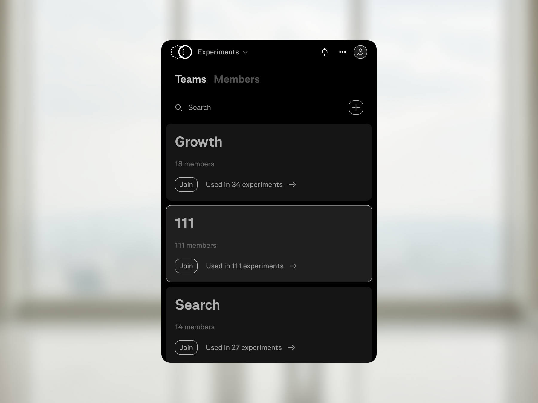 Mobile list of experiment teams.