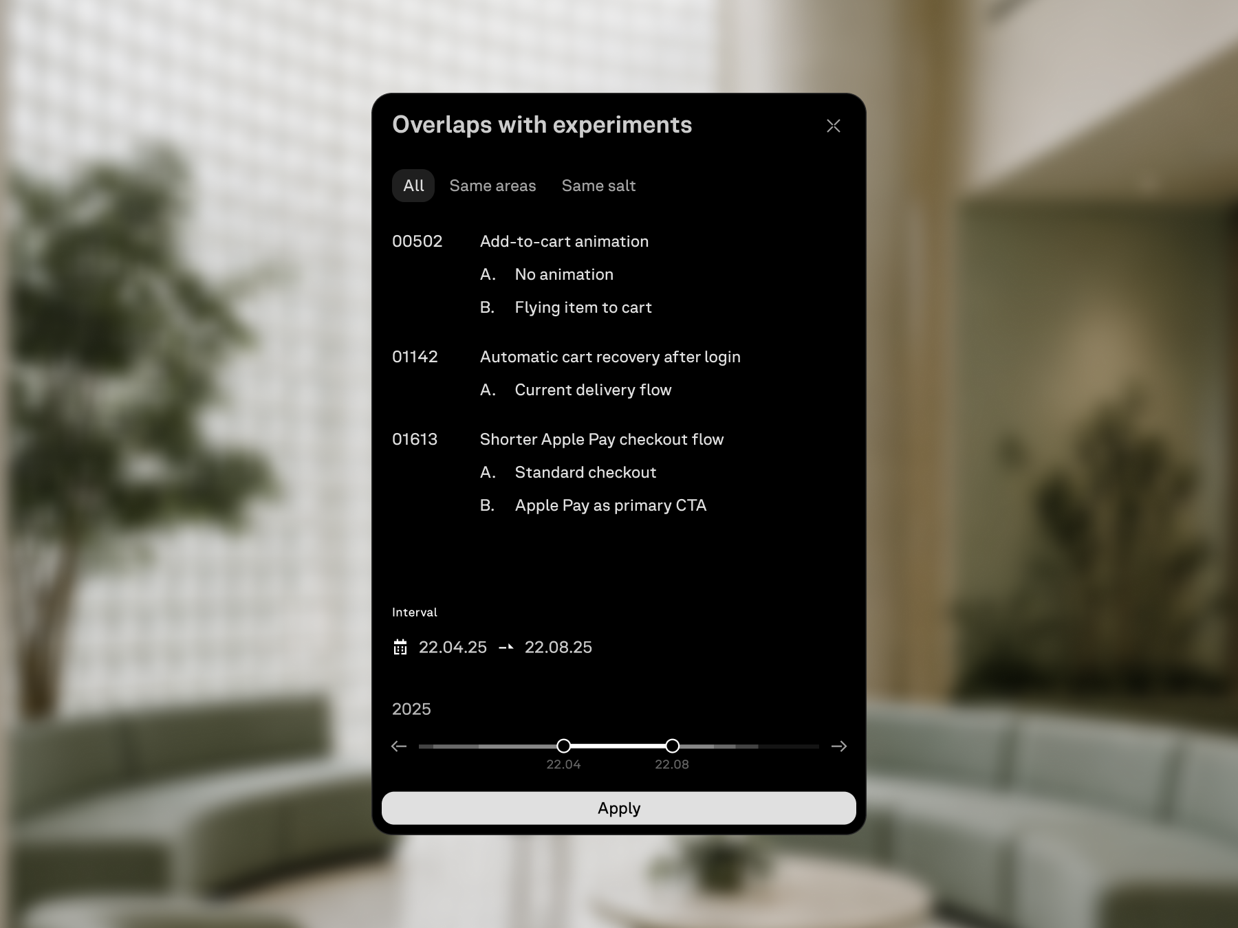 Overlap control modal with conflicting tests and timeline load.