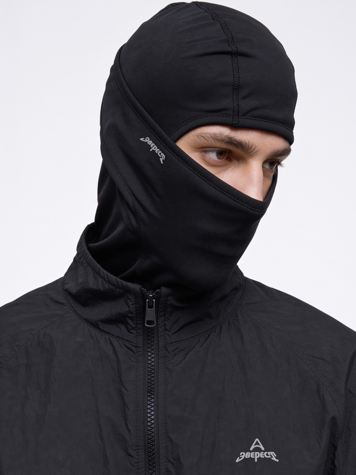 Balaclava and anorak with reflective lettering