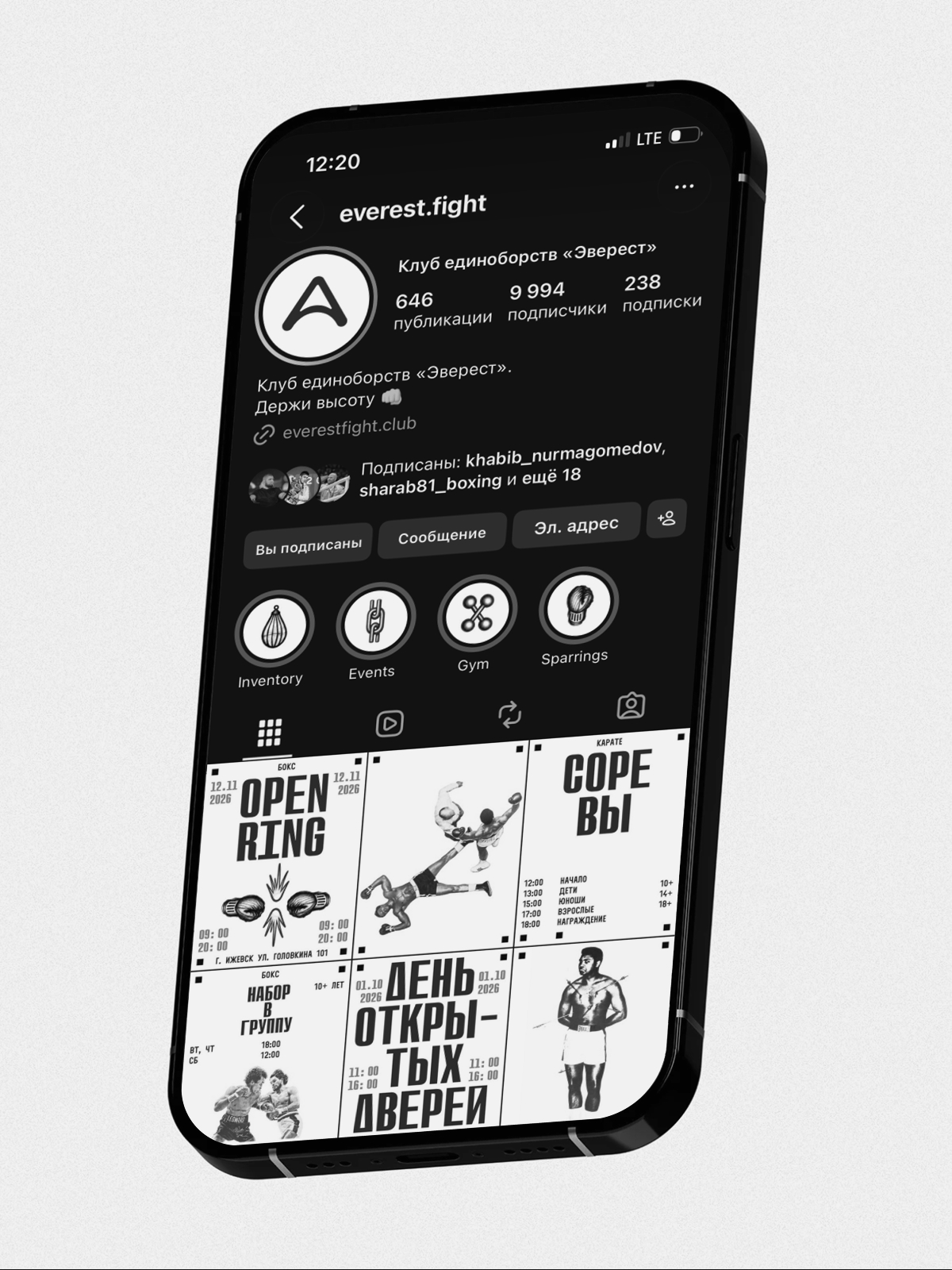 everest.fight Instagram profile with a grid of posters