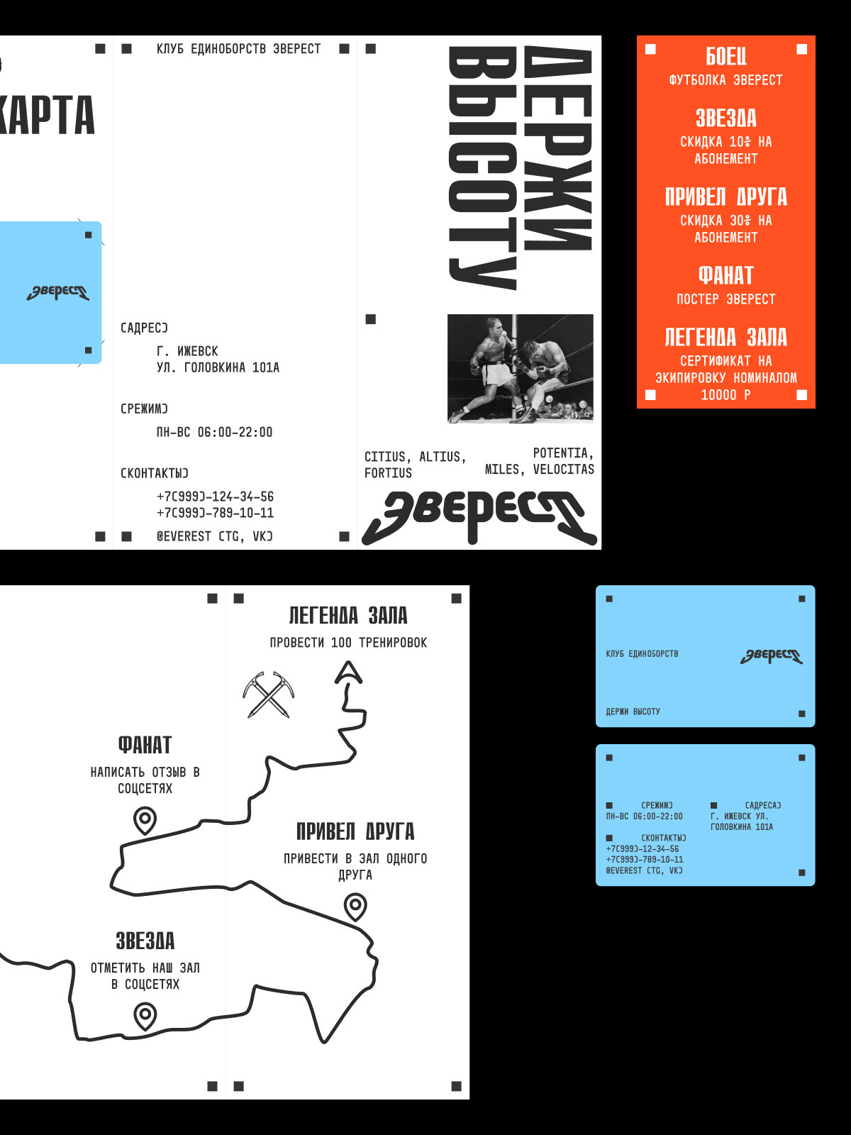 Booklet spread with the route, status cards, and the orange rewards card