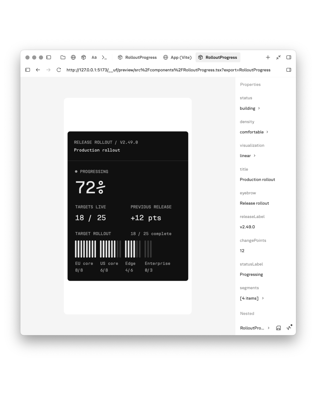 RolloutProgress component rendered in the Userface Playground with generated property controls